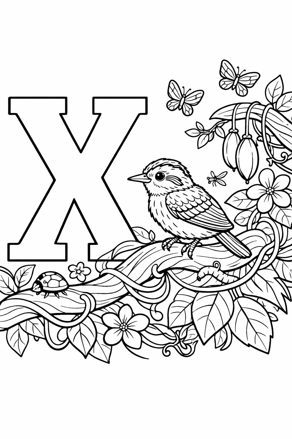 Coloring page with a large X, a small bird perched on a vine, and surrounding flowers, leaves, butterflies, and a turtle body at the bottom left.