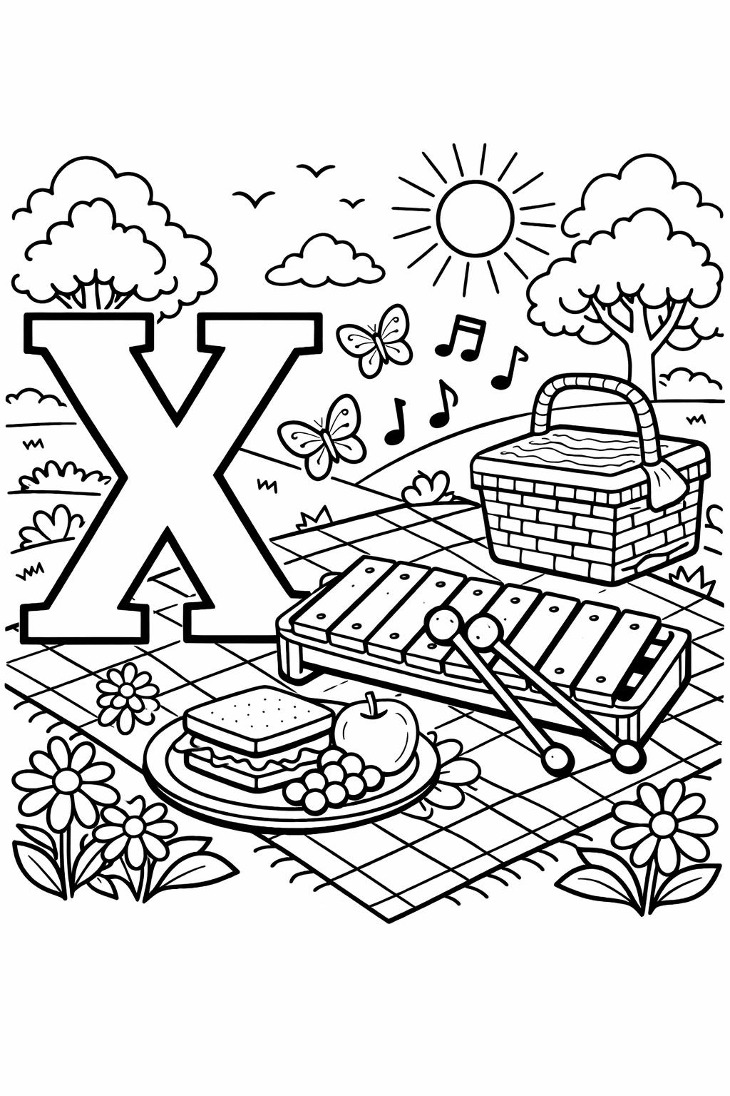 letter X bubble letter coloring page | large alphabet outline | printable coloring activity