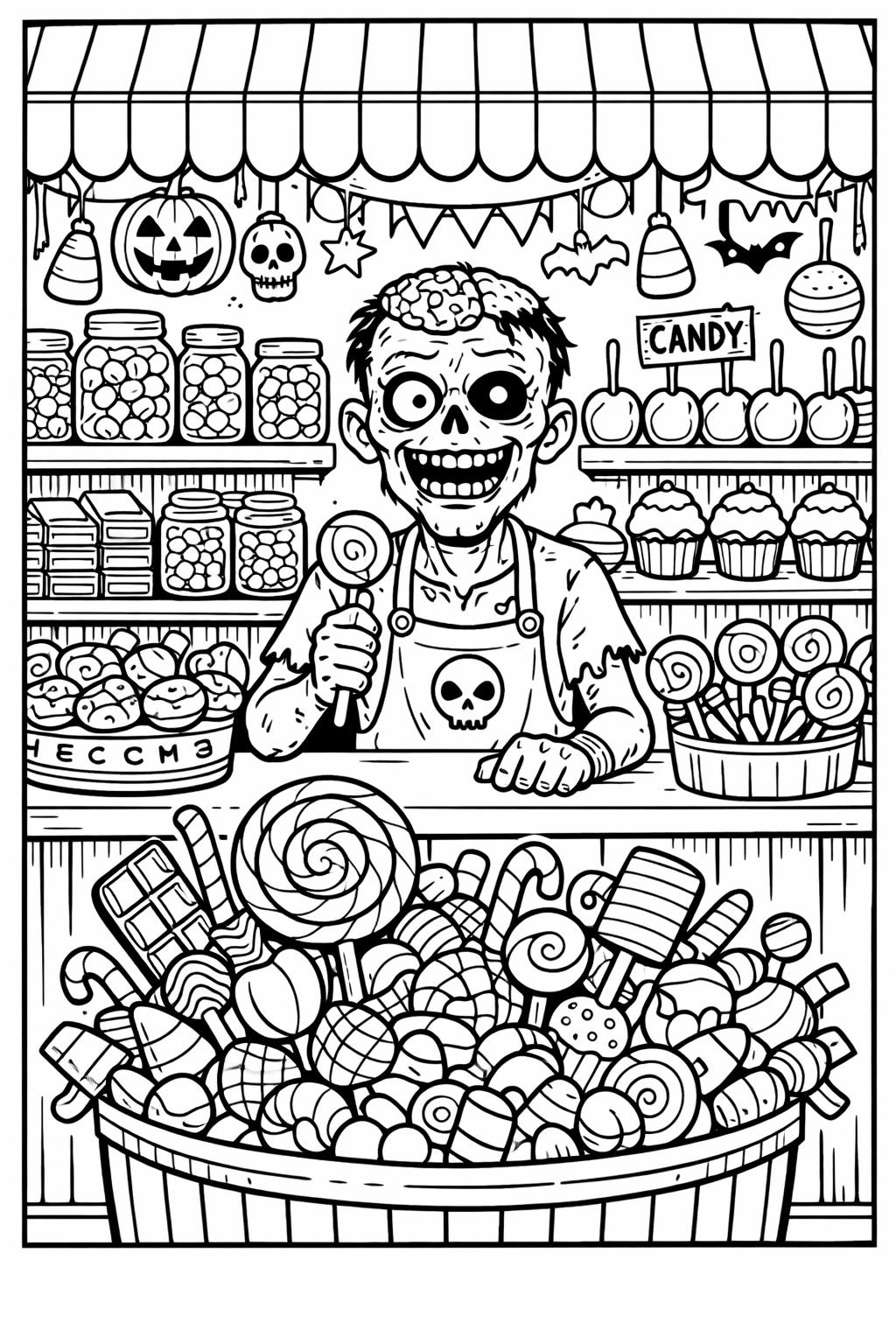 zombie with pumpkin coloring page | Halloween character scene | festive coloring sheet