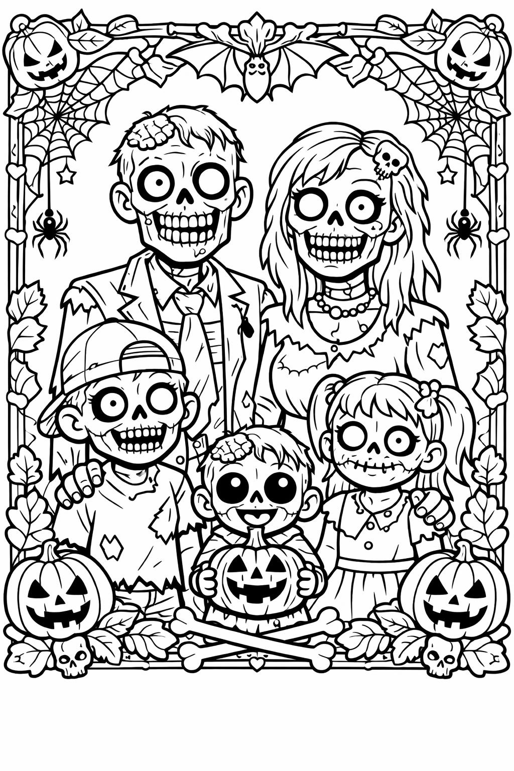 zombie and witch coloring page | magical Halloween scene | kids coloring sheet