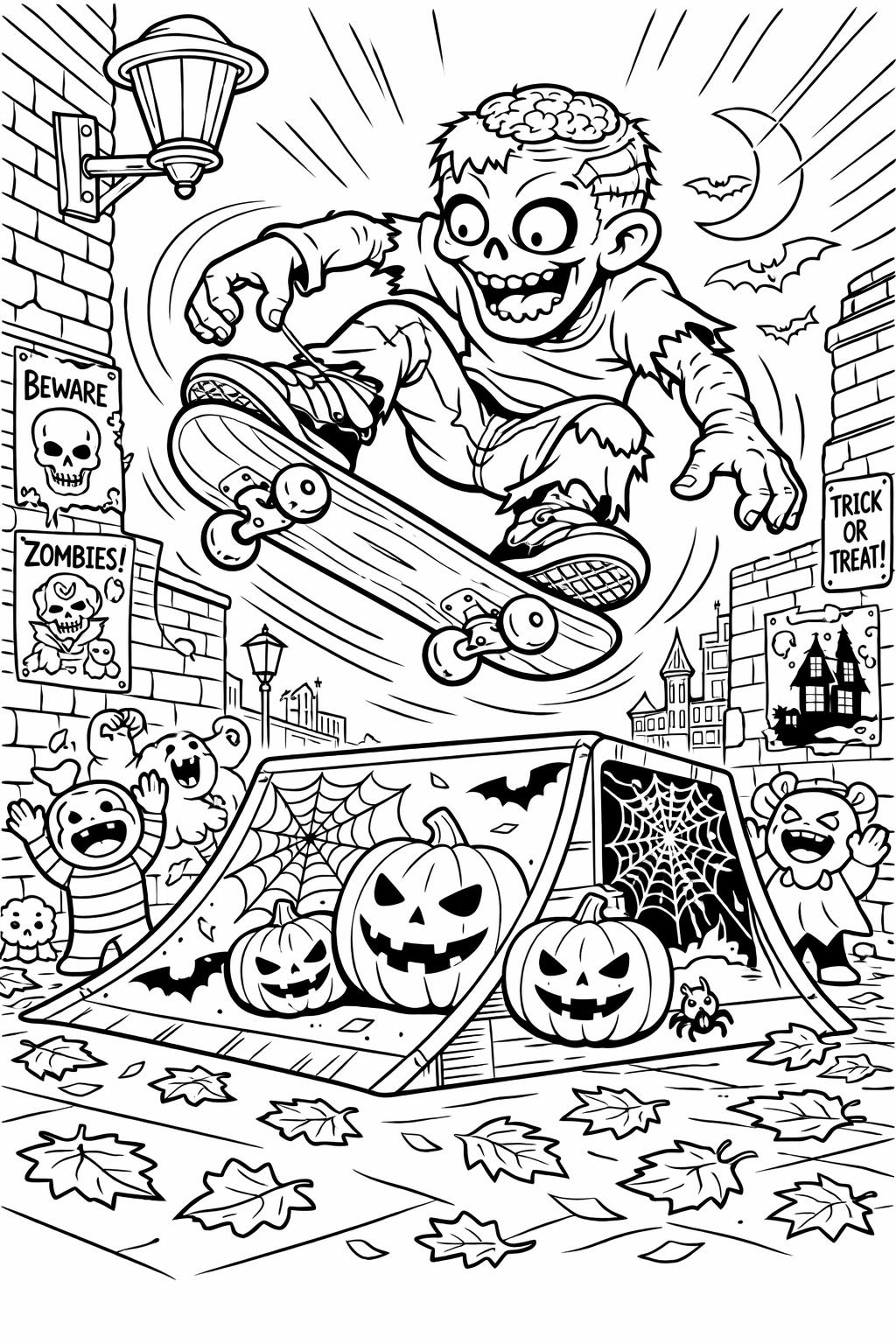 zombie rising from grave coloring page | creepy cemetery scene | Halloween coloring sheet