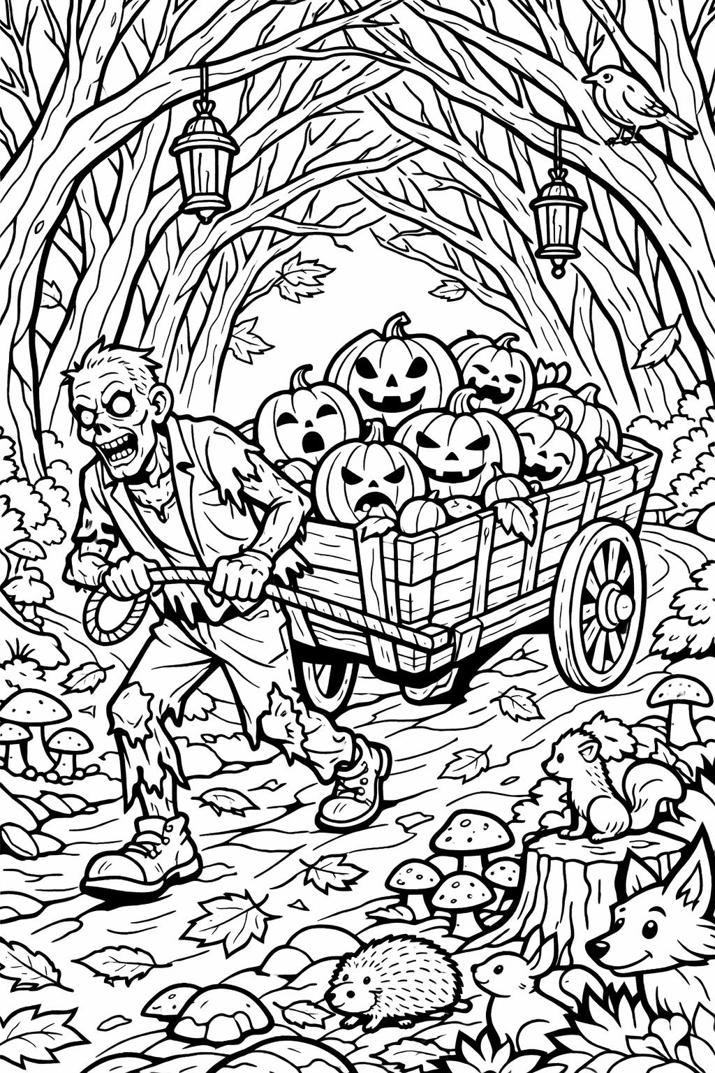zombie walking coloring page | spooky Halloween scene | printable coloring activity