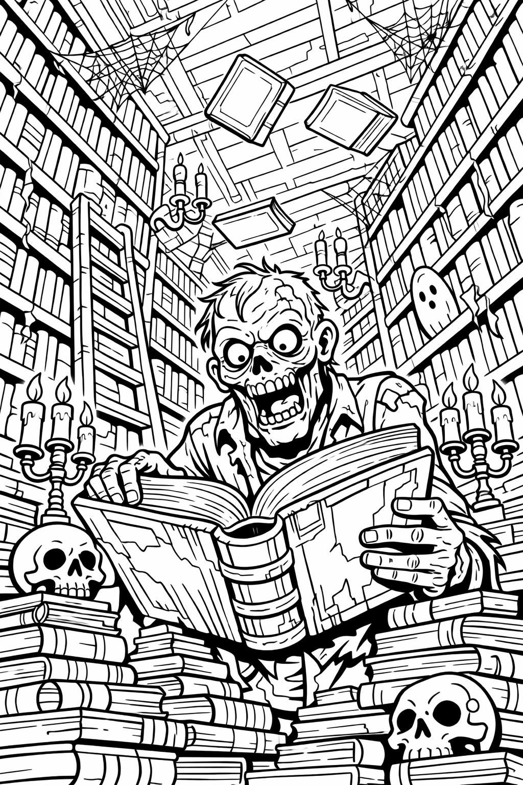 zombie with bats coloring page | spooky night scene | printable coloring sheet
