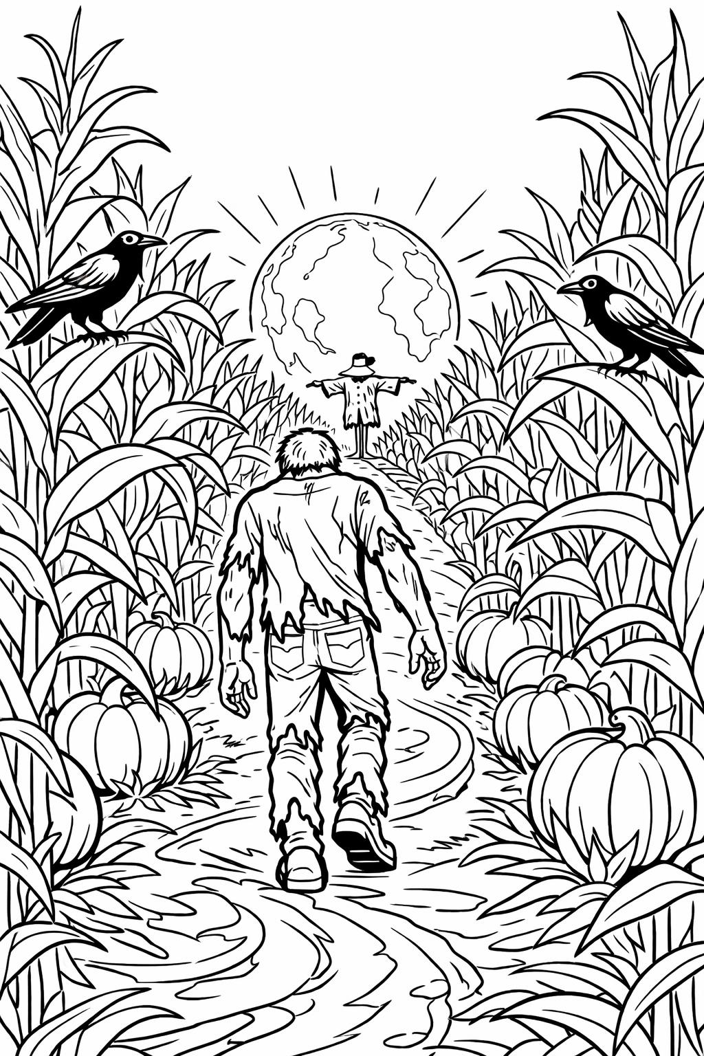 zombie in a graveyard coloring page | spooky Halloween landscape | printable activity