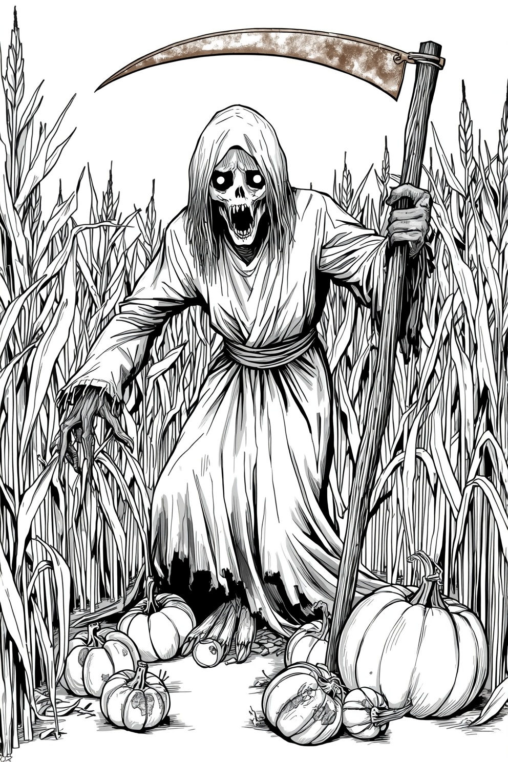 A hooded grim reaper figure with a large curved scythe stands in a cornfield, surrounded by pumpkins at its feet.