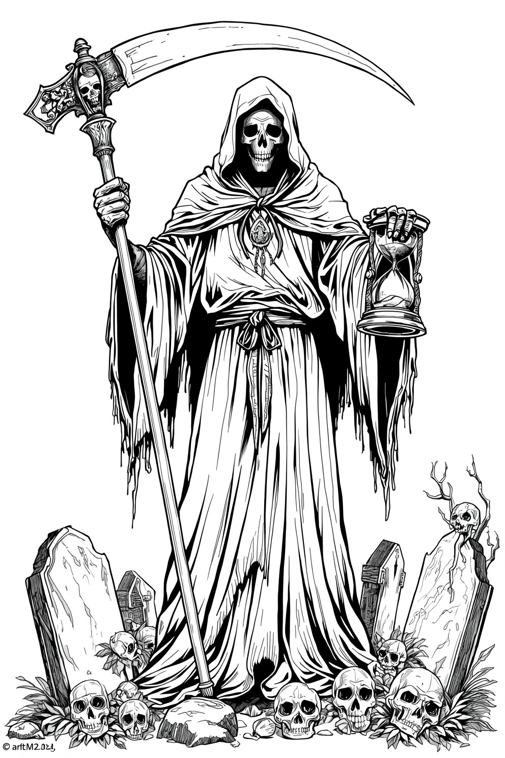 Grim reaper in a hooded cloak holds a scythe and an hourglass, standing among tombstones and skulls.