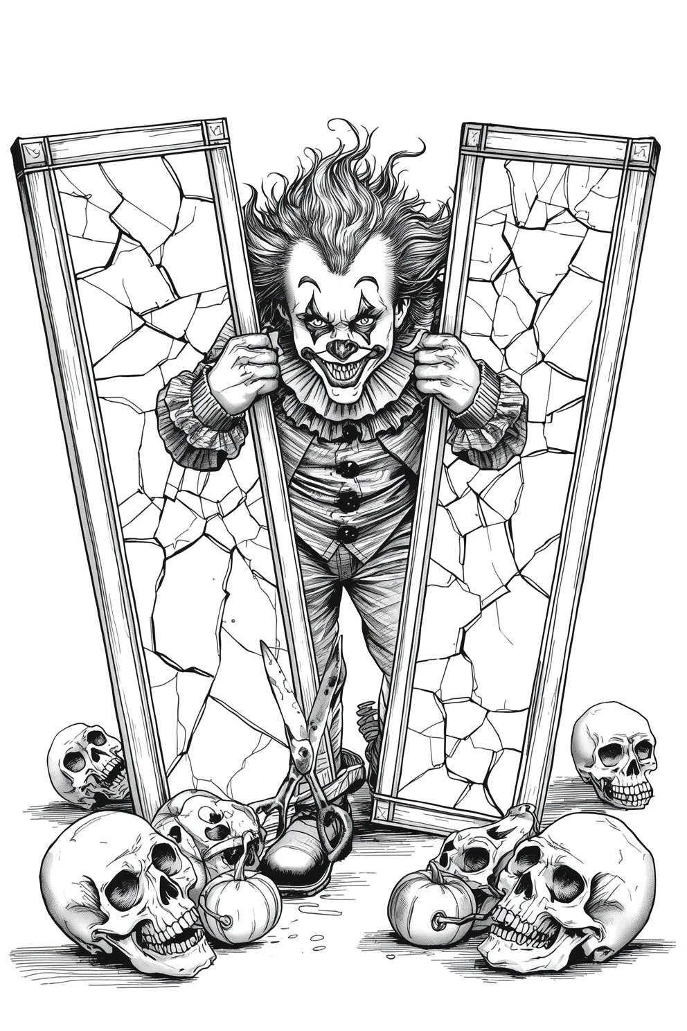 Menacing clown in a frilled outfit tears apart cracked mirror frames, surrounded by skulls and pumpkins on the ground.