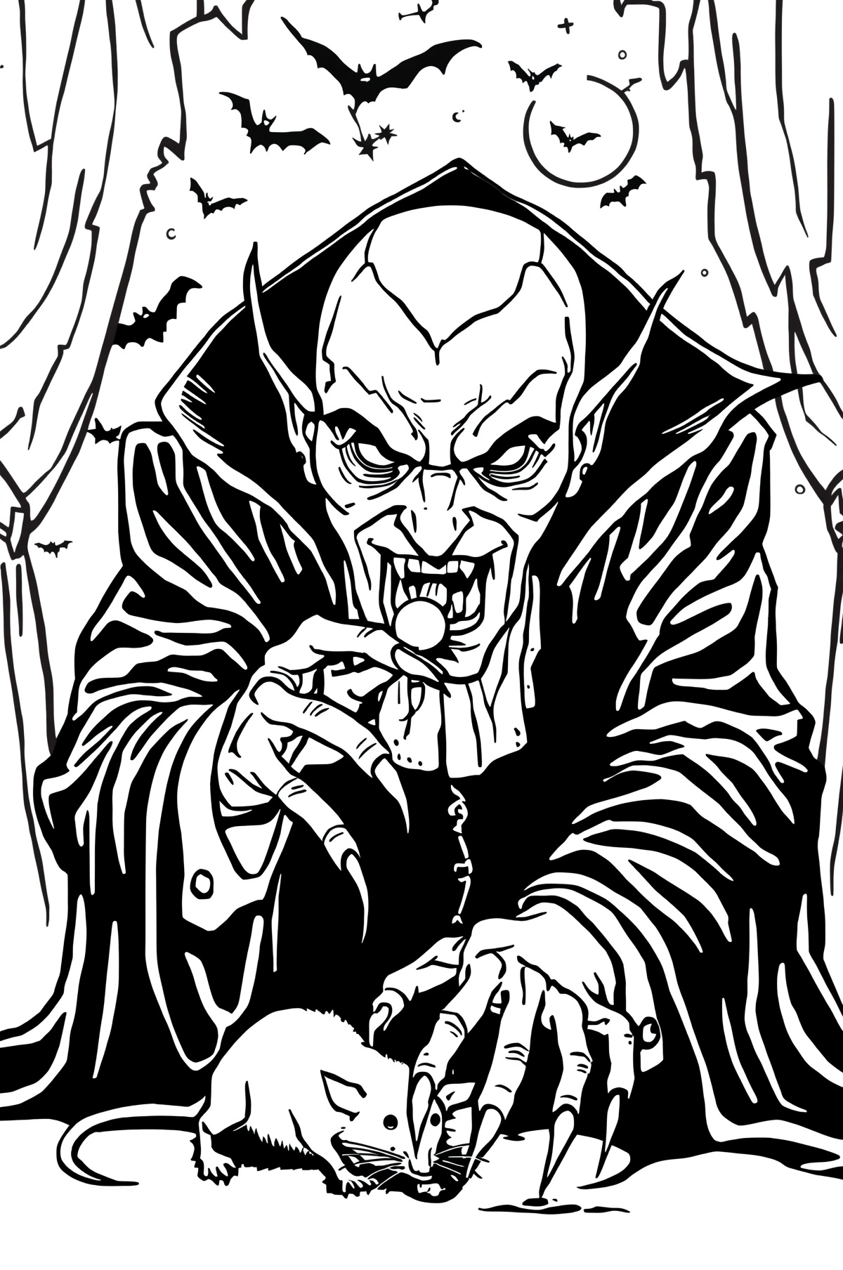 Vampire in a cape menacingly reaches toward a small mouse on the ground as bats fly under a full moon at night.