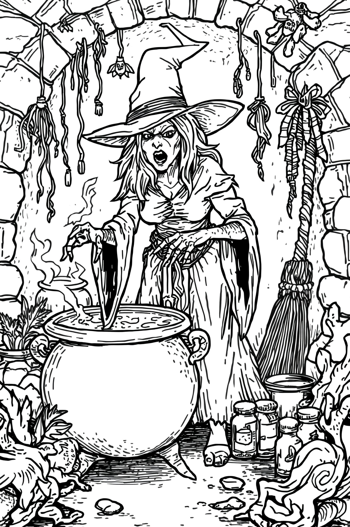 Evil witch at her cauldron coloring page
