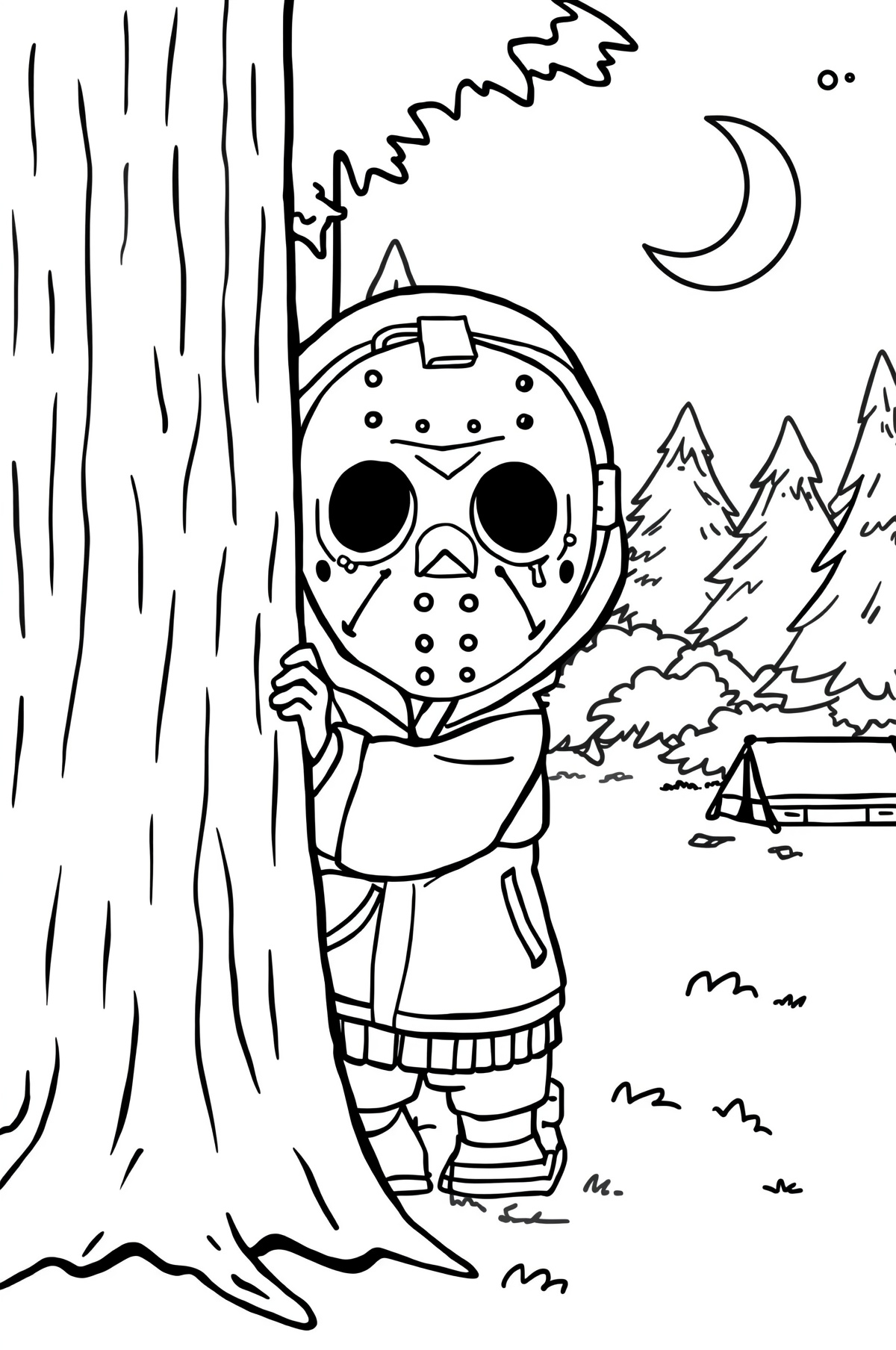 Person in a hockey mask peeks from behind a tree at night in a forest campsite with a tent in the background.