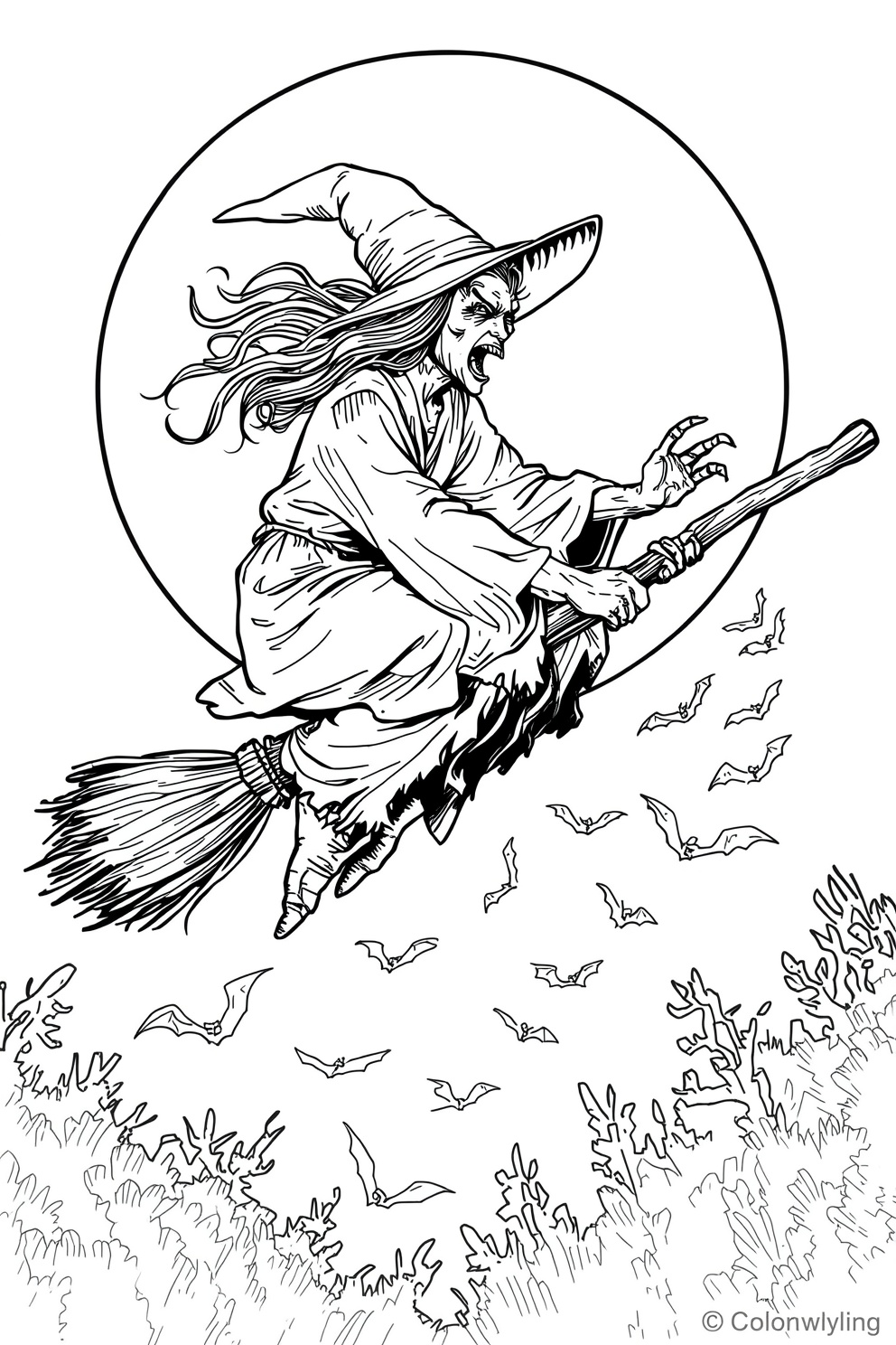 Witch in a pointed hat riding a broom, shouting as she flies past a full moon with bats circling below. A spooky landscape of bushes frames the bottom edge.