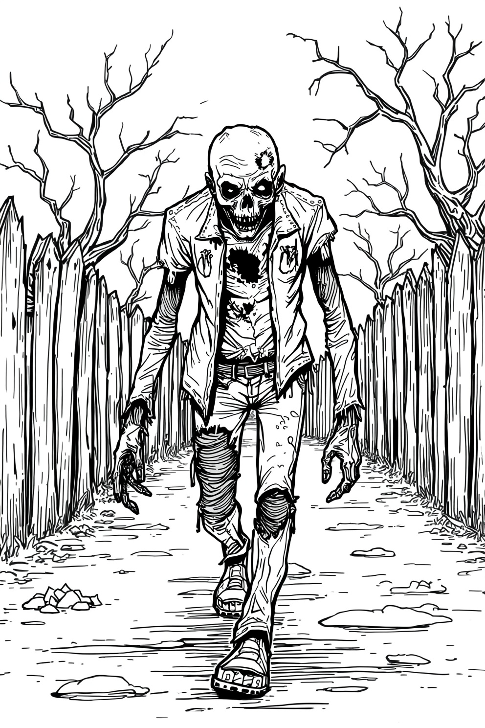 Zombie in a torn jacket shuffles along a dirt path between jagged wooden fences and bare, leafless trees.