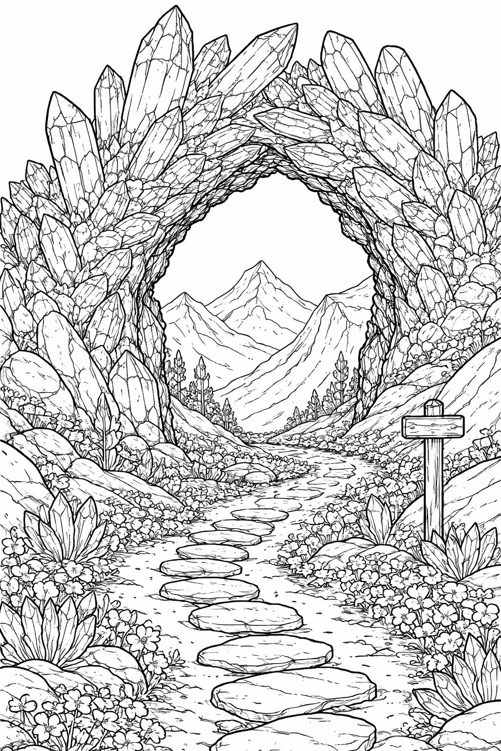 Crystal arch tunnel framing a distant mountain landscape with a stone stepping-stone path and a signpost along a flowery trail