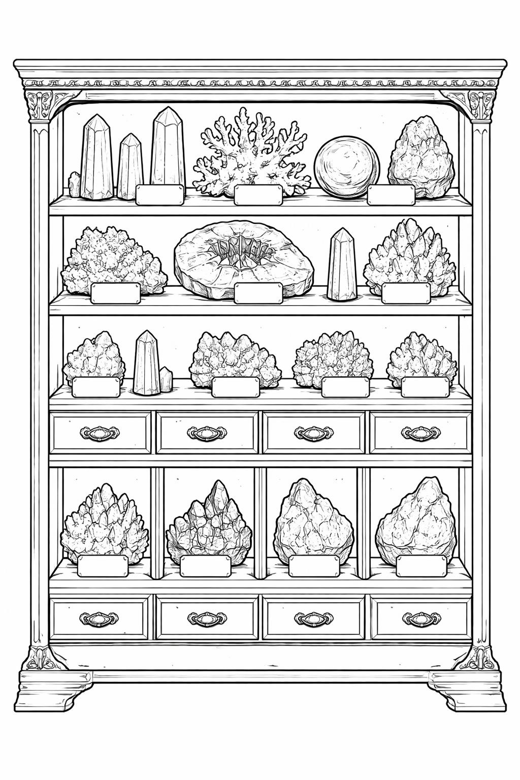 quartz crystal coloring page | clear pointed mineral formations | intricate adult activity
