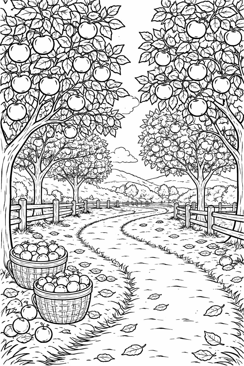 apple orchard coloring page | rows of apple trees | festive fall printable