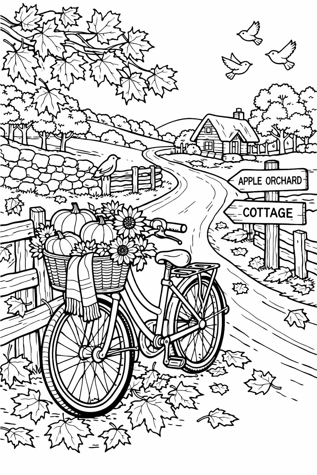 autumn porch coloring page | cozy seasonal home scene | adult coloring sheet