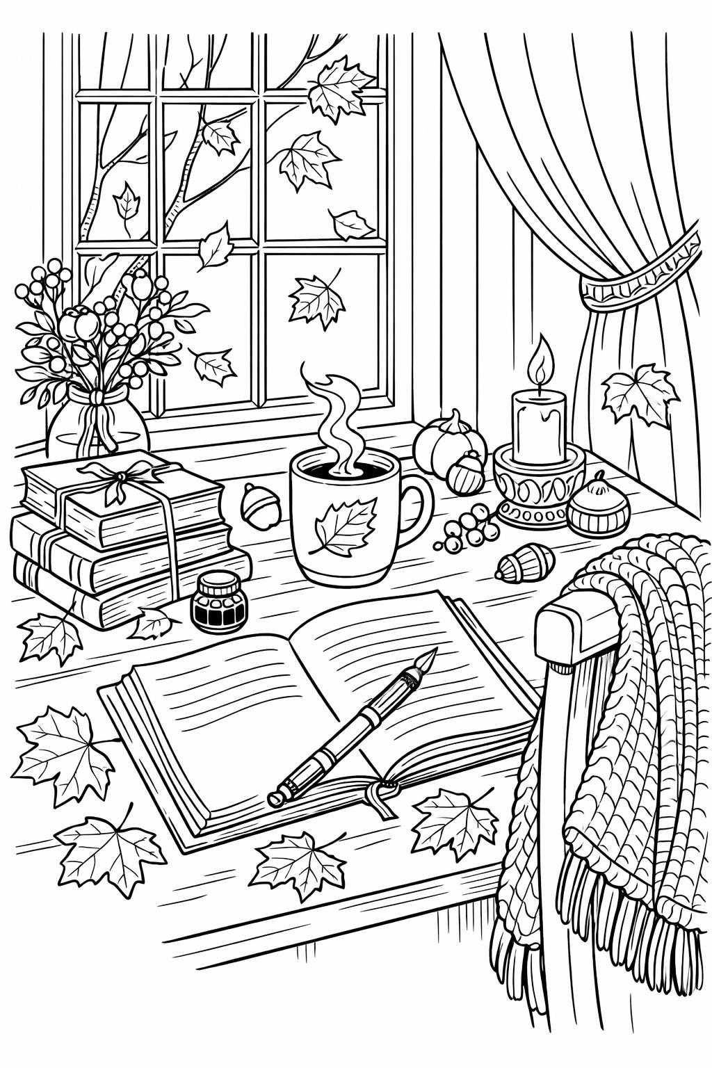 aesthetic autumn coloring page | beautiful seasonal artwork | relaxing printable sheet