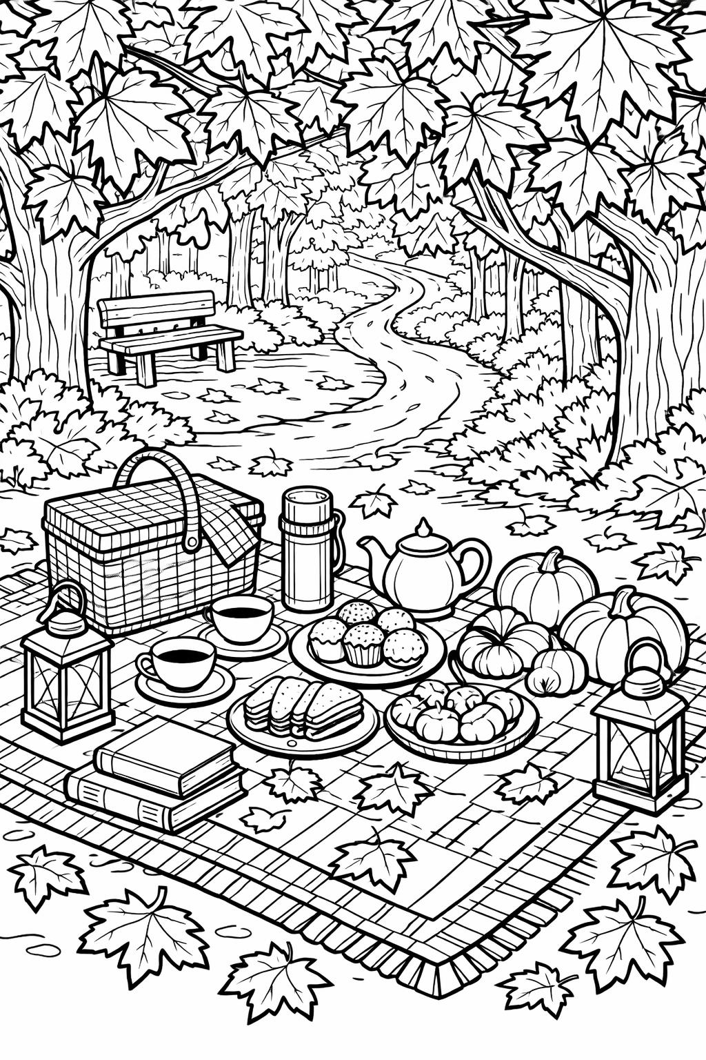 fall market coloring page | cozy harvest scene | printable adult coloring sheet