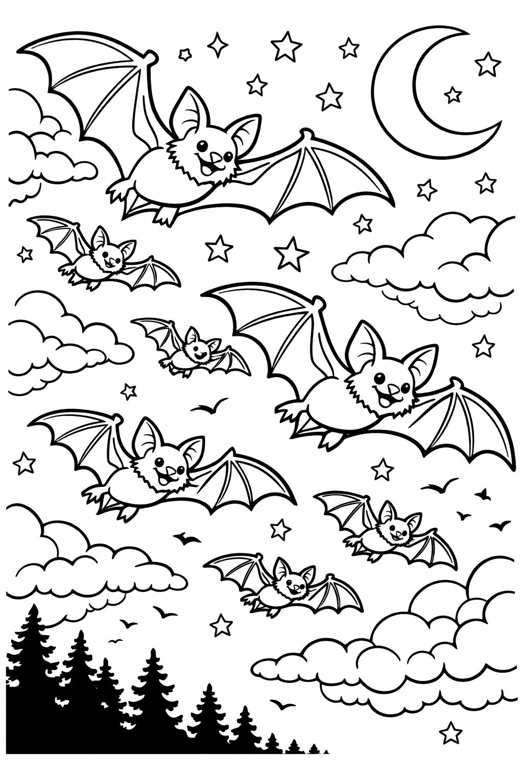 bat and witch coloring page | magical Halloween scene | printable coloring activity