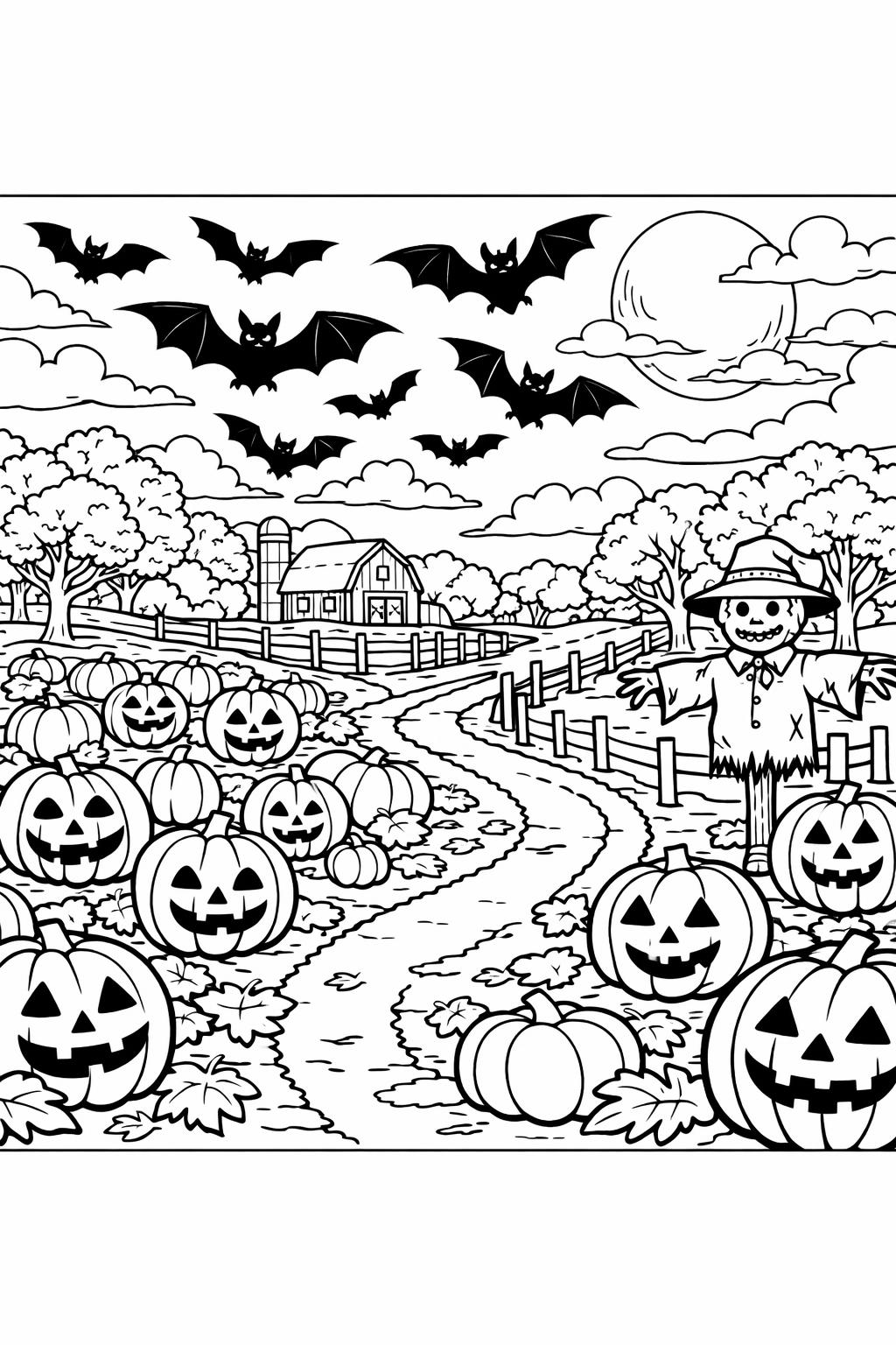 bat with pumpkin coloring page | festive Halloween character | printable activity