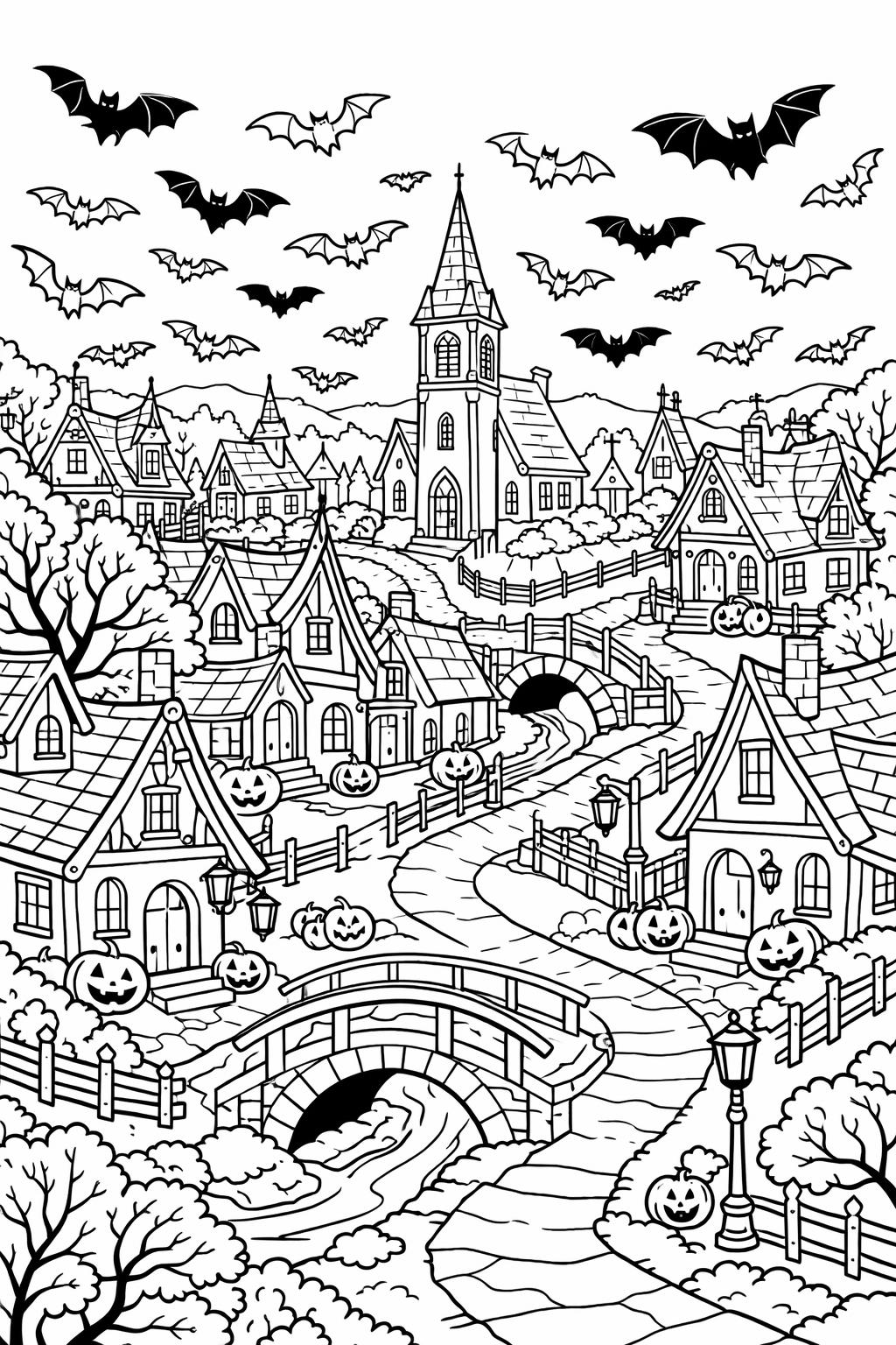 bat with black cat coloring page | spooky Halloween scene | printable activity