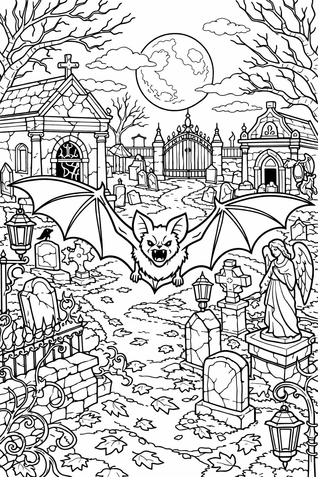 flying bat coloring page | Halloween night scene | printable coloring activity