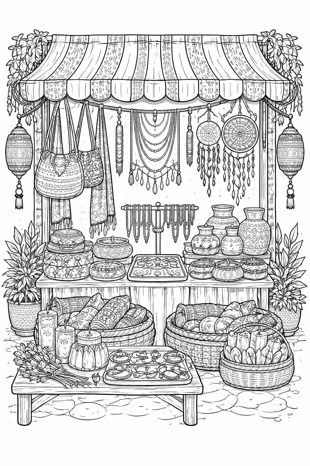 Boho market stall with hanging jewelry, pottery, breads, and woven baskets on a wooden table.
