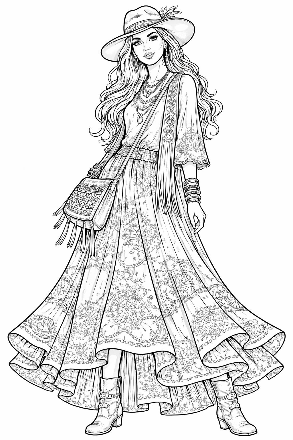 boho interior coloring page | cozy decor and woven textures | relaxing adult coloring activity