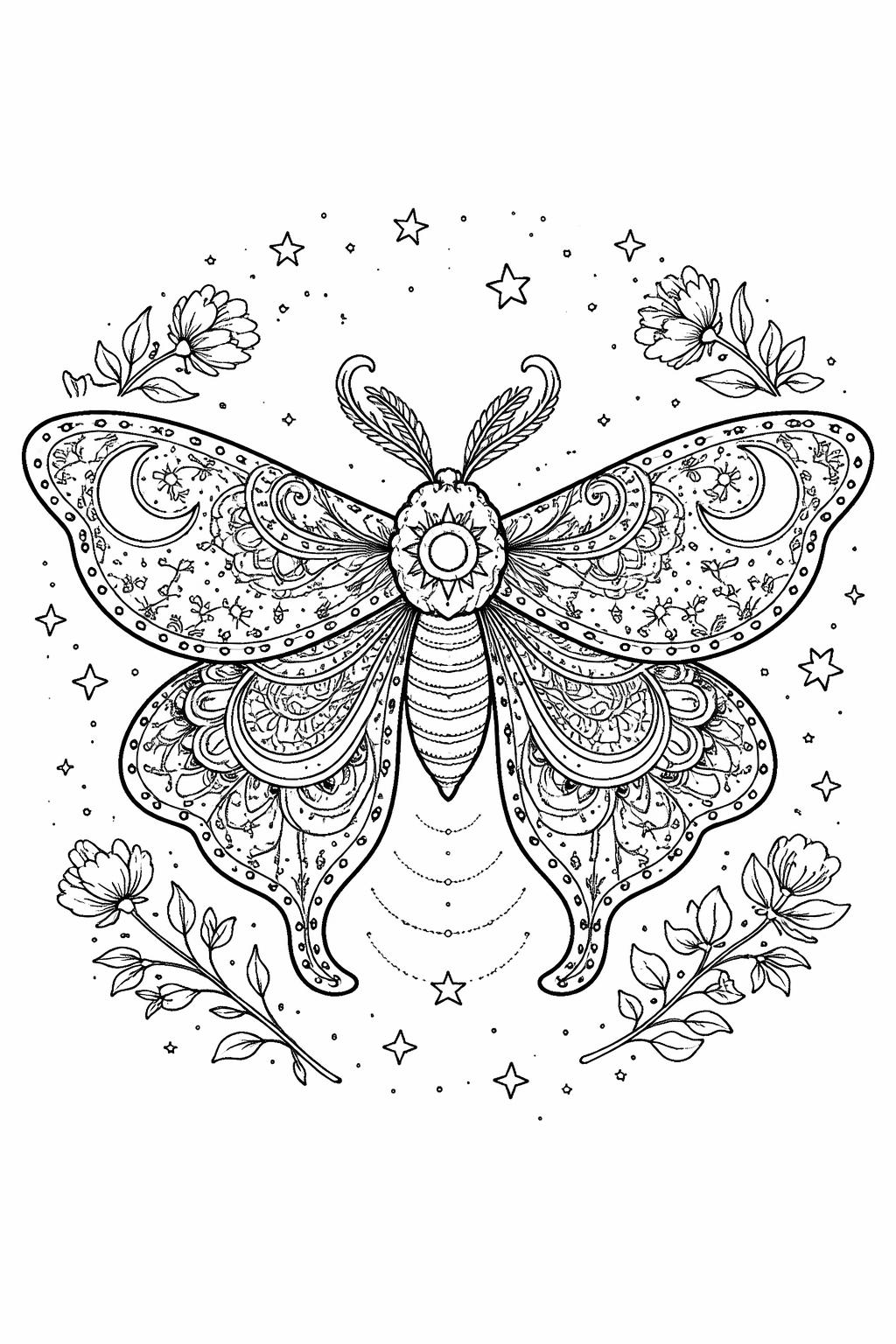 boho sun and moon coloring page | celestial symbols and decorative details | relaxing coloring sheet