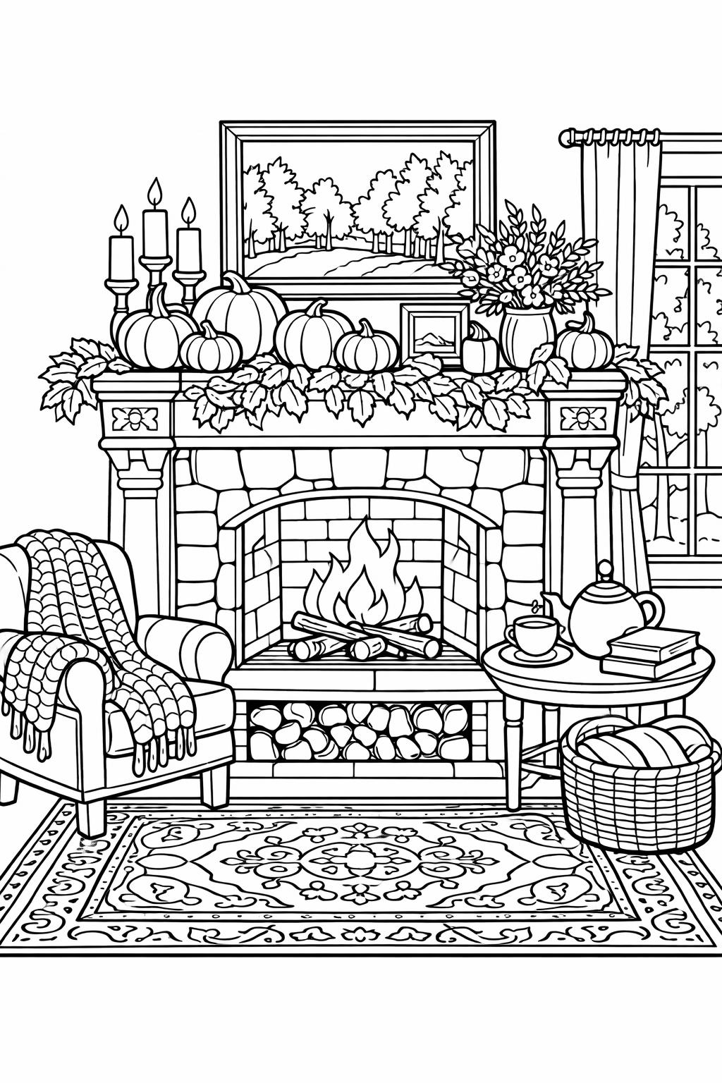 cozy fall cottage coloring page | charming autumn house | adult printable activity