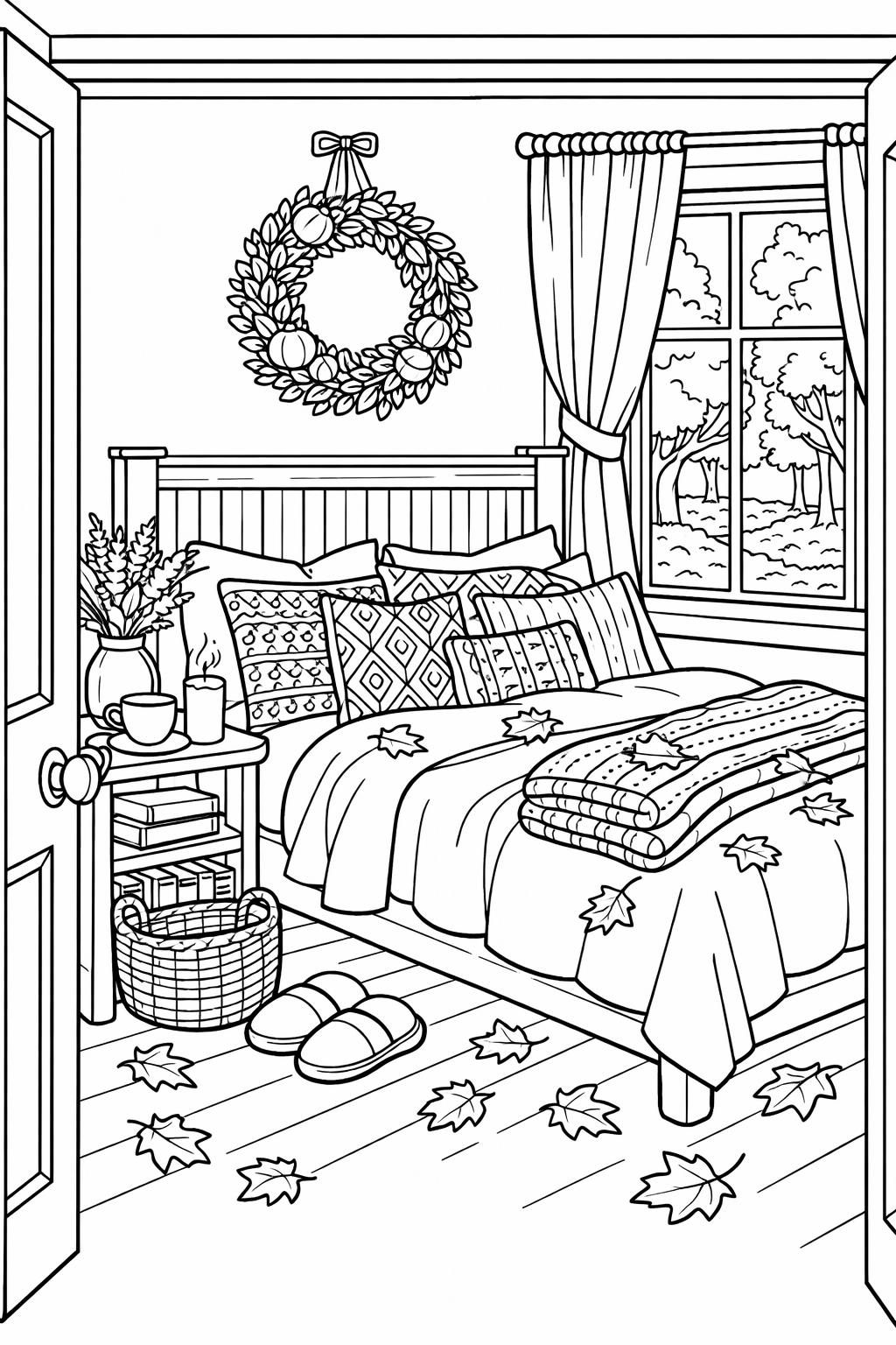 fall wreath coloring page | elegant seasonal decoration | printable adult coloring sheet