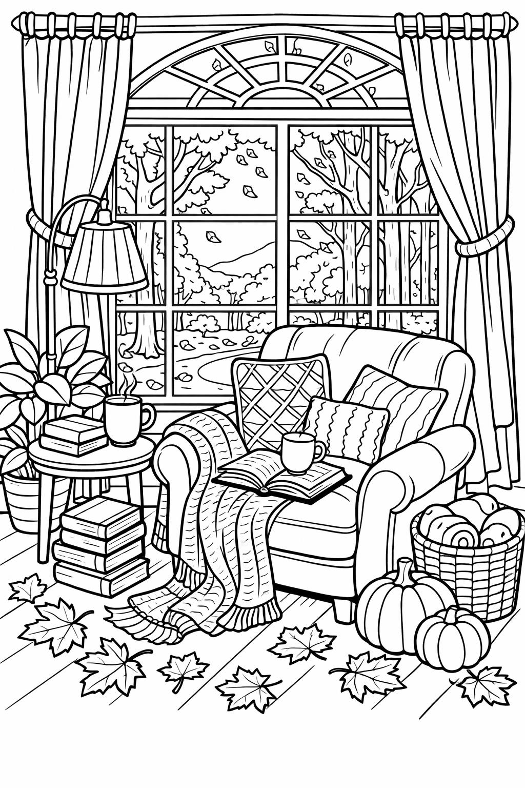 cute aesthetic fall coloring page | cozy seasonal illustration | adult coloring activity