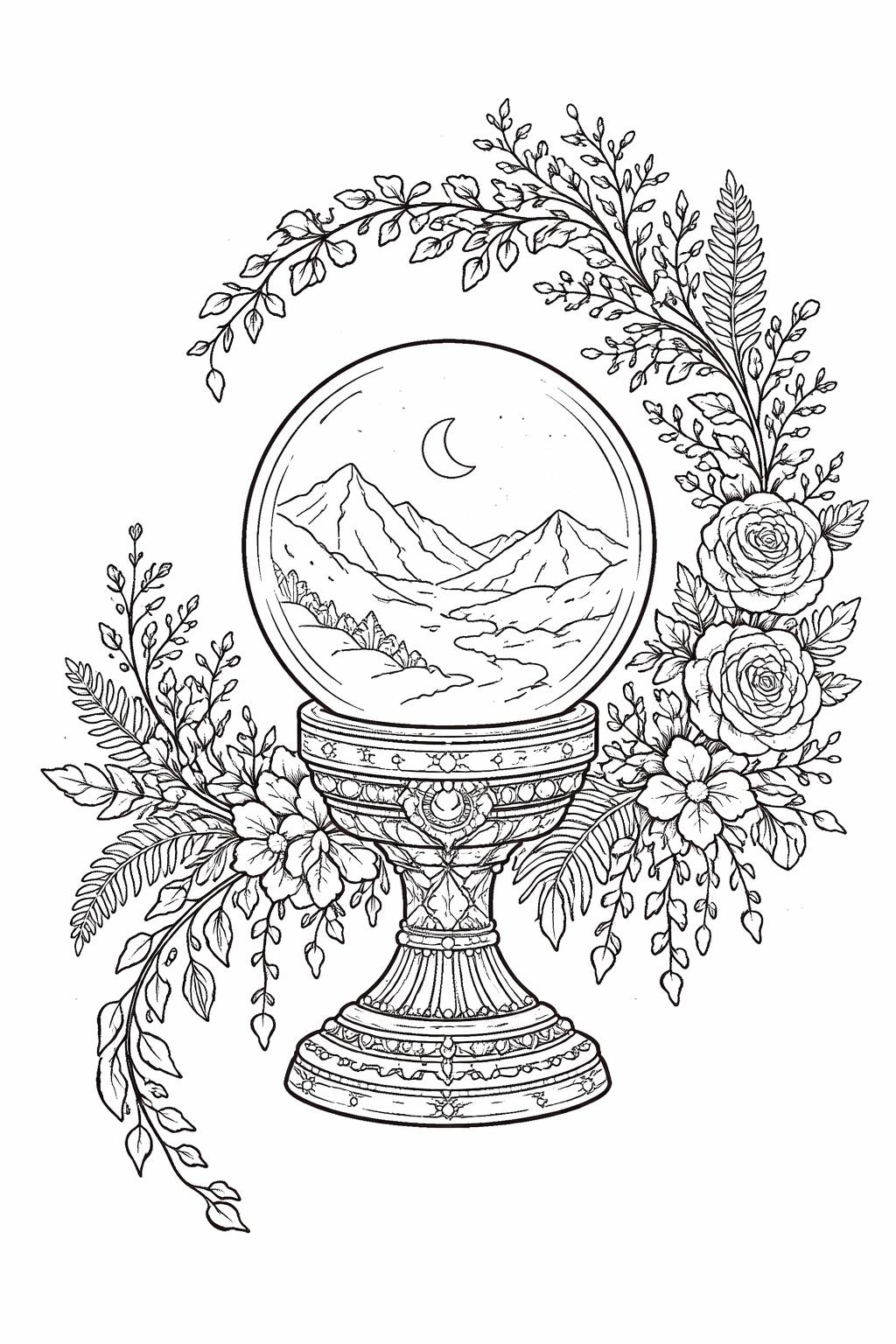 crystal and flowers coloring page | delicate botanical details | relaxing gemstone coloring sheet