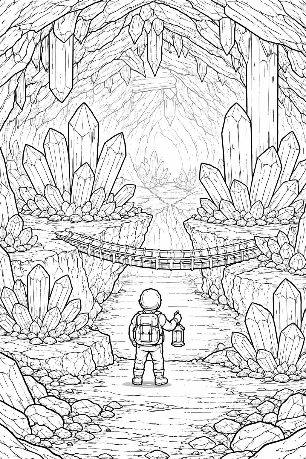 crystal cave coloring page | sparkling mineral formations | detailed fantasy coloring activity