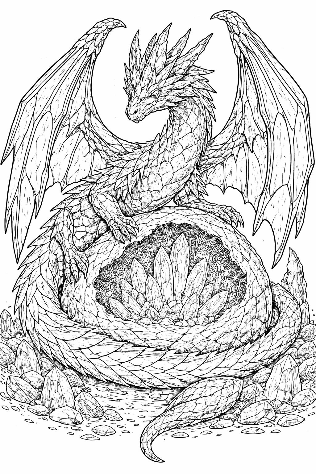 Line drawing of a dragon with crystalline scales perched on a jagged crystal hill, wings spread wide.