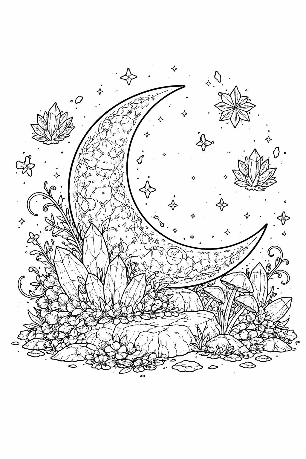 Decorative line drawing of a crescent moon surrounded by crystals and blooming plants.