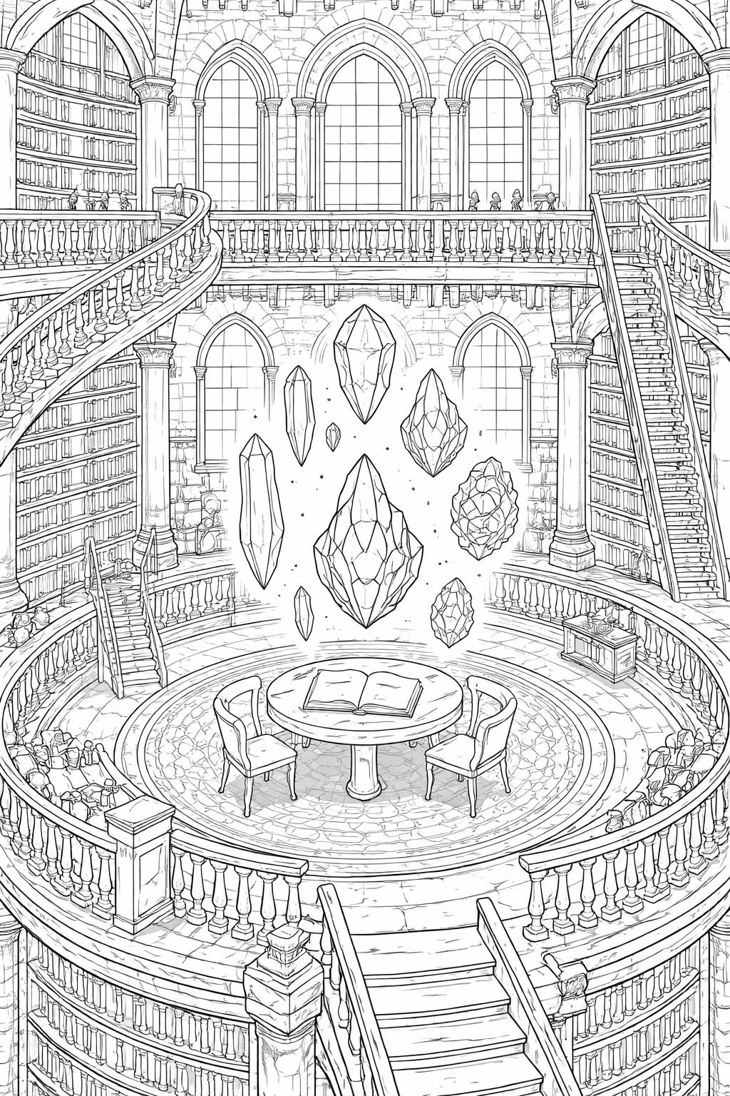 crystal tower coloring page | tall pointed mineral shapes | printable adult coloring sheet