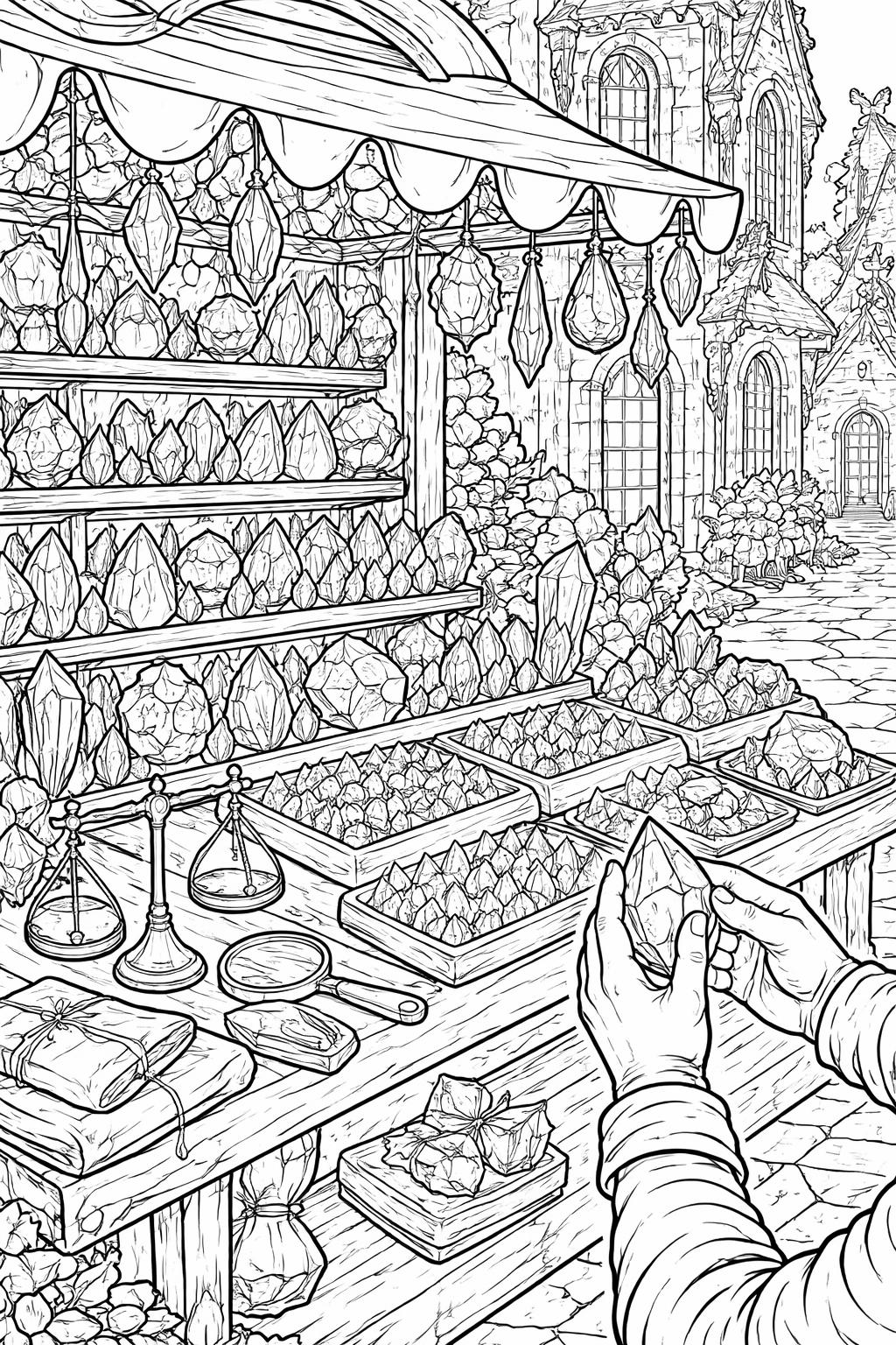 intricate gemstone coloring page | faceted crystals and fine details | mindful coloring activity