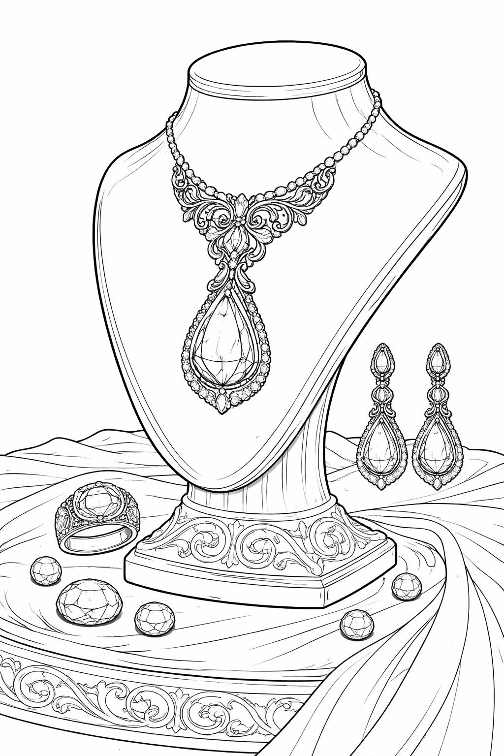 Elaborate teardrop necklace on a decorative bust, with matching earrings and a ring on a draped surface.