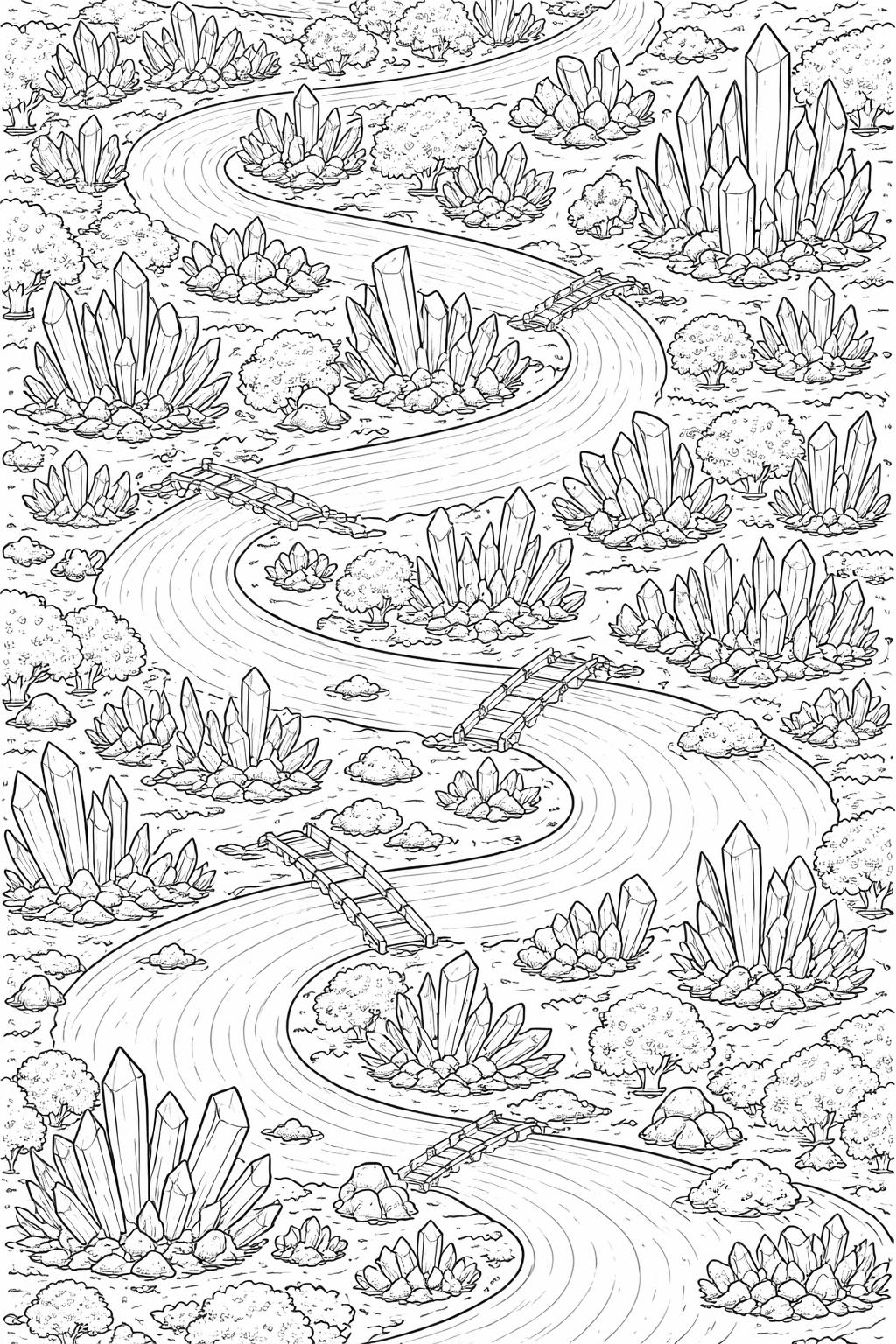 crystal garden coloring page | whimsical gemstone landscape | creative printable coloring activity