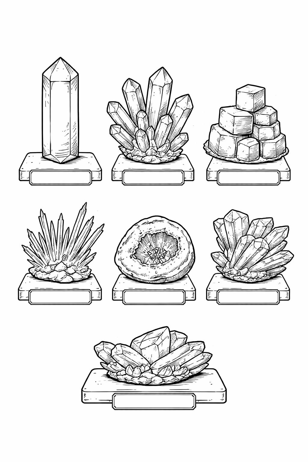 Row of crystal specimens on display pedestals: tall prism on the left, cluster in the middle, and stacked cubes on the right.