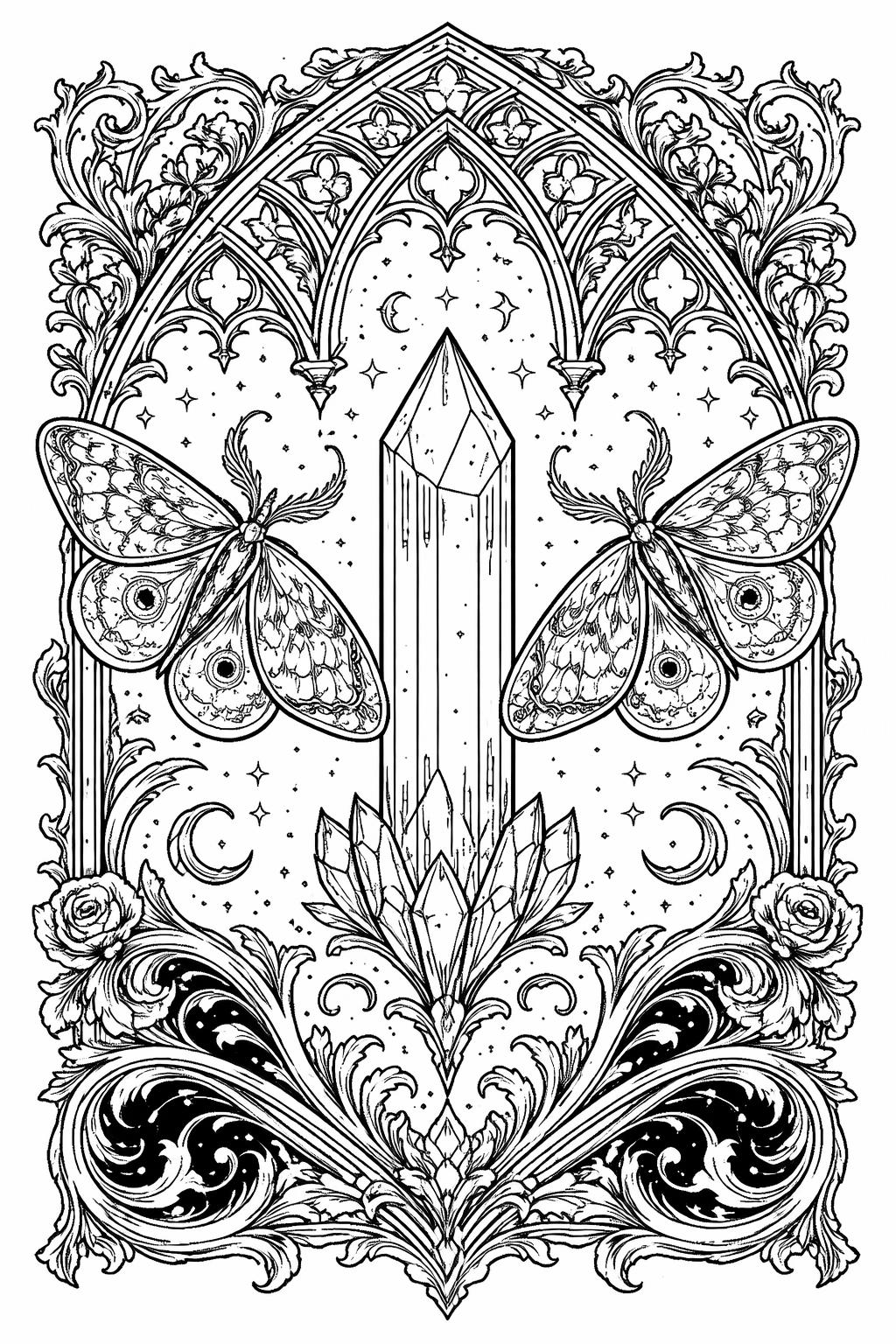 celestial crystals coloring page | moons stars and gemstones | mystical adult coloring design