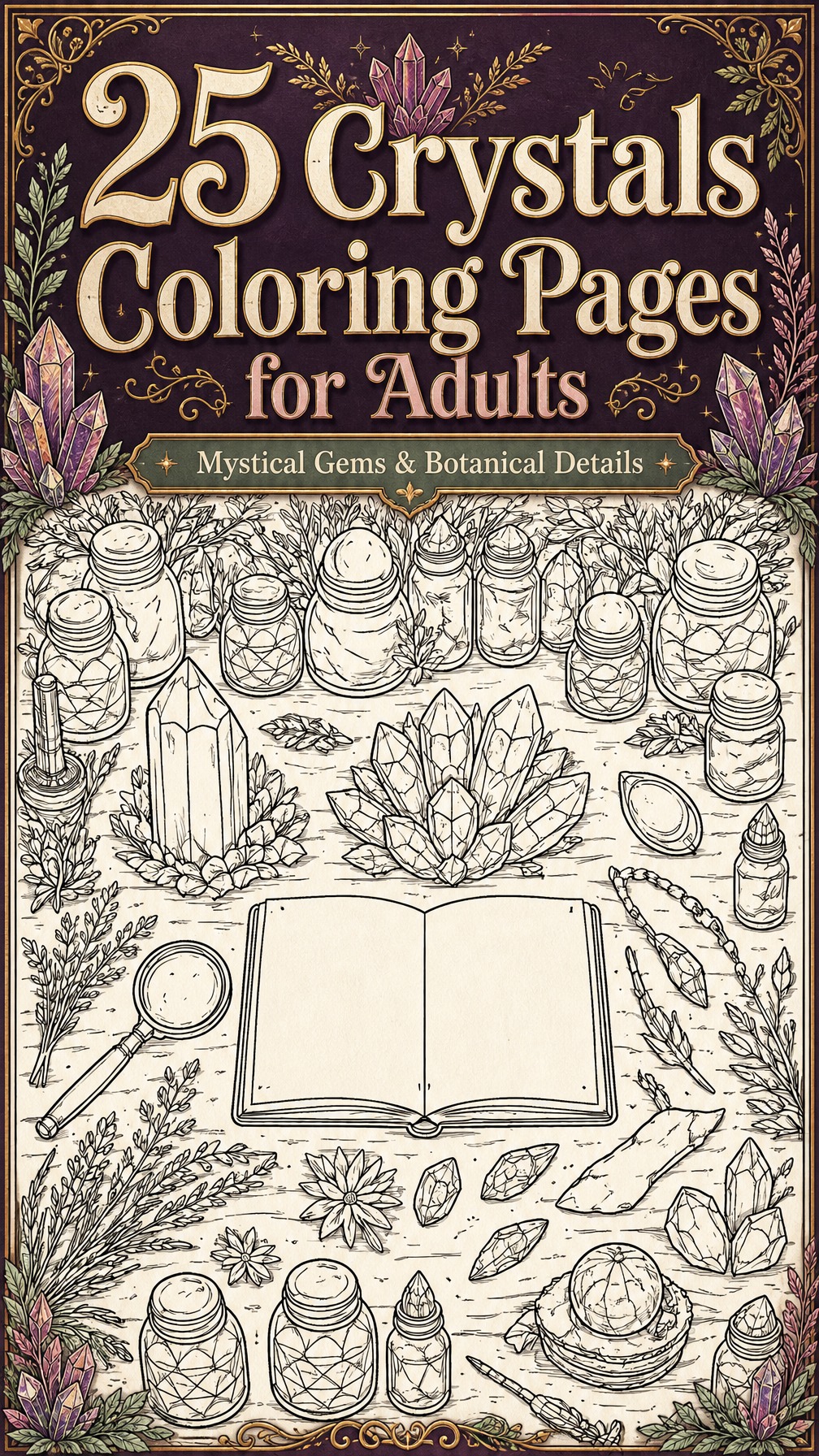 crystal coloring pages for adults | intricate gemstone designs | printable relaxing activity