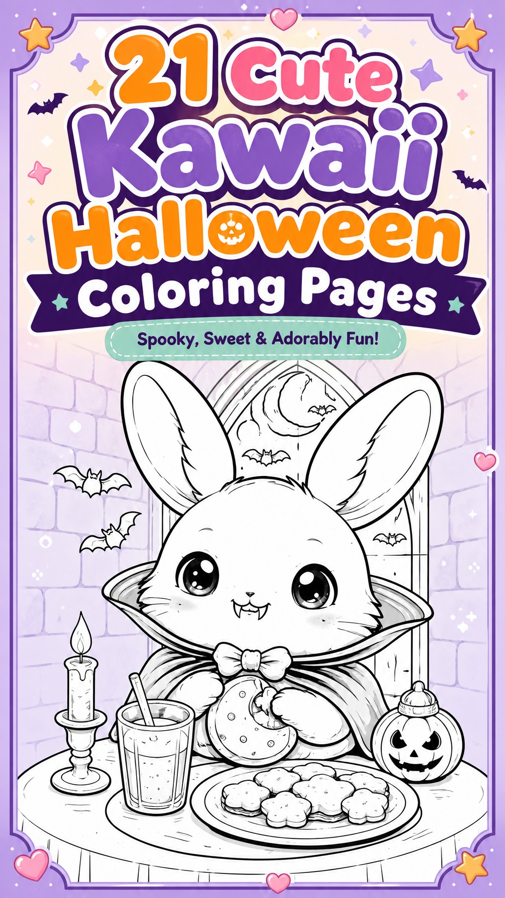cute kawaii Halloween coloring page | adorable spooky characters | kids printable activity