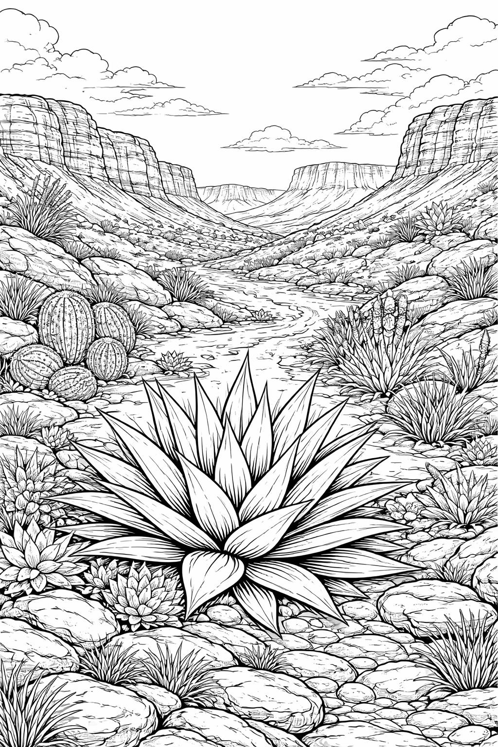 succulent greenhouse coloring page | rows of potted plants | intricate botanical scene