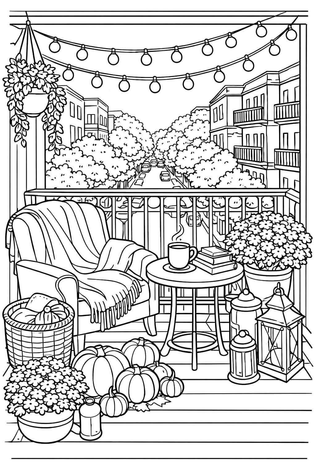 fall pumpkin patch coloring page | cozy seasonal scene | printable adult activity