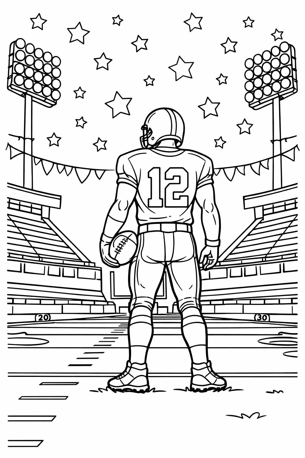 Back view of a football player wearing number 12, holding a football, standing on a field with stadium lights and starry sky in the background.