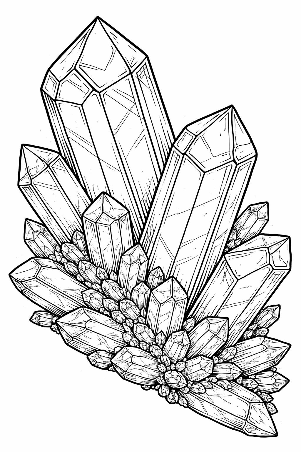 Cluster of tall, faceted quartz crystals growing from a rocky base, line drawing.