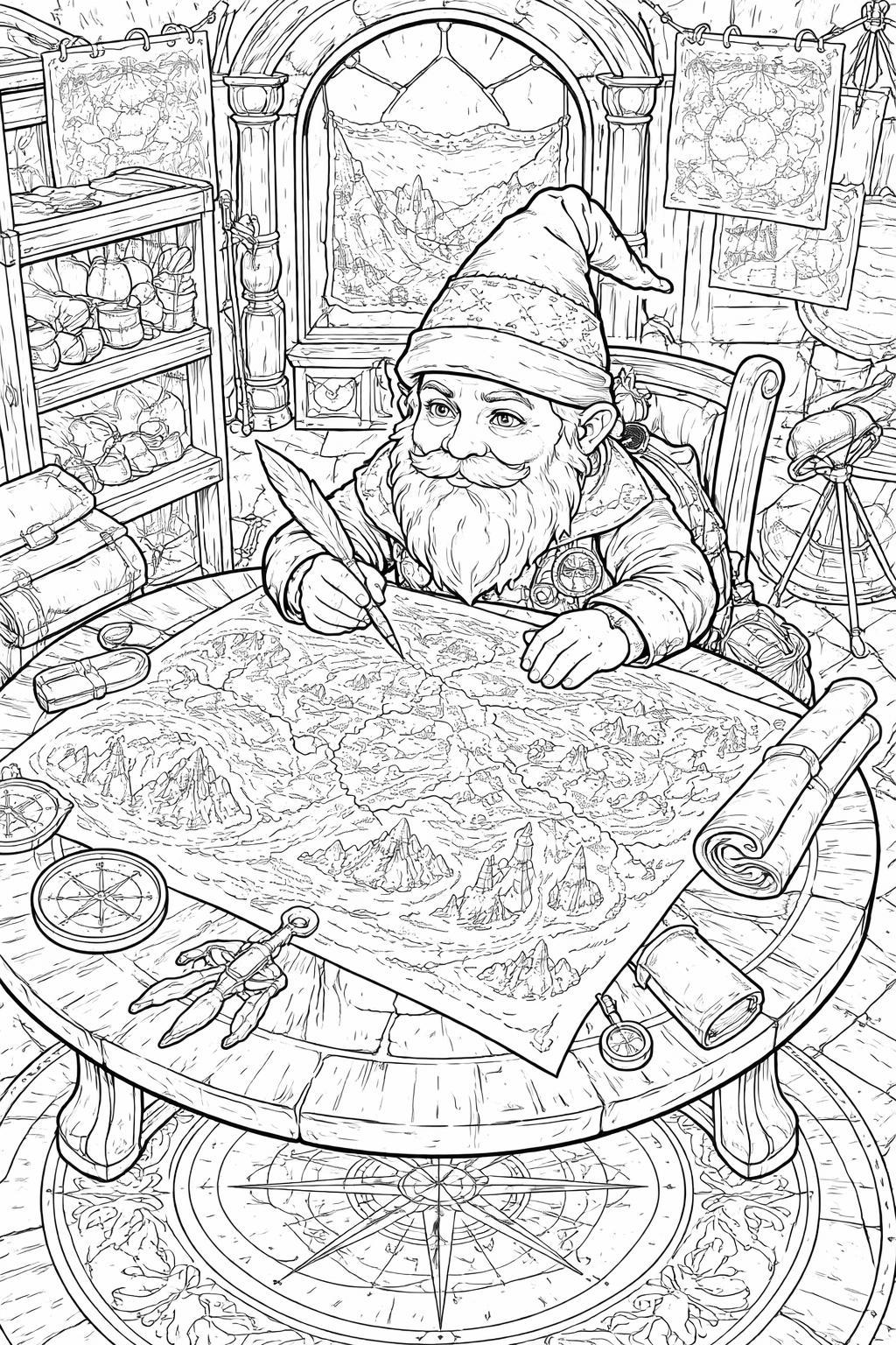 gnome and forest animals coloring page | rabbits birds and squirrels | whimsical kids activity