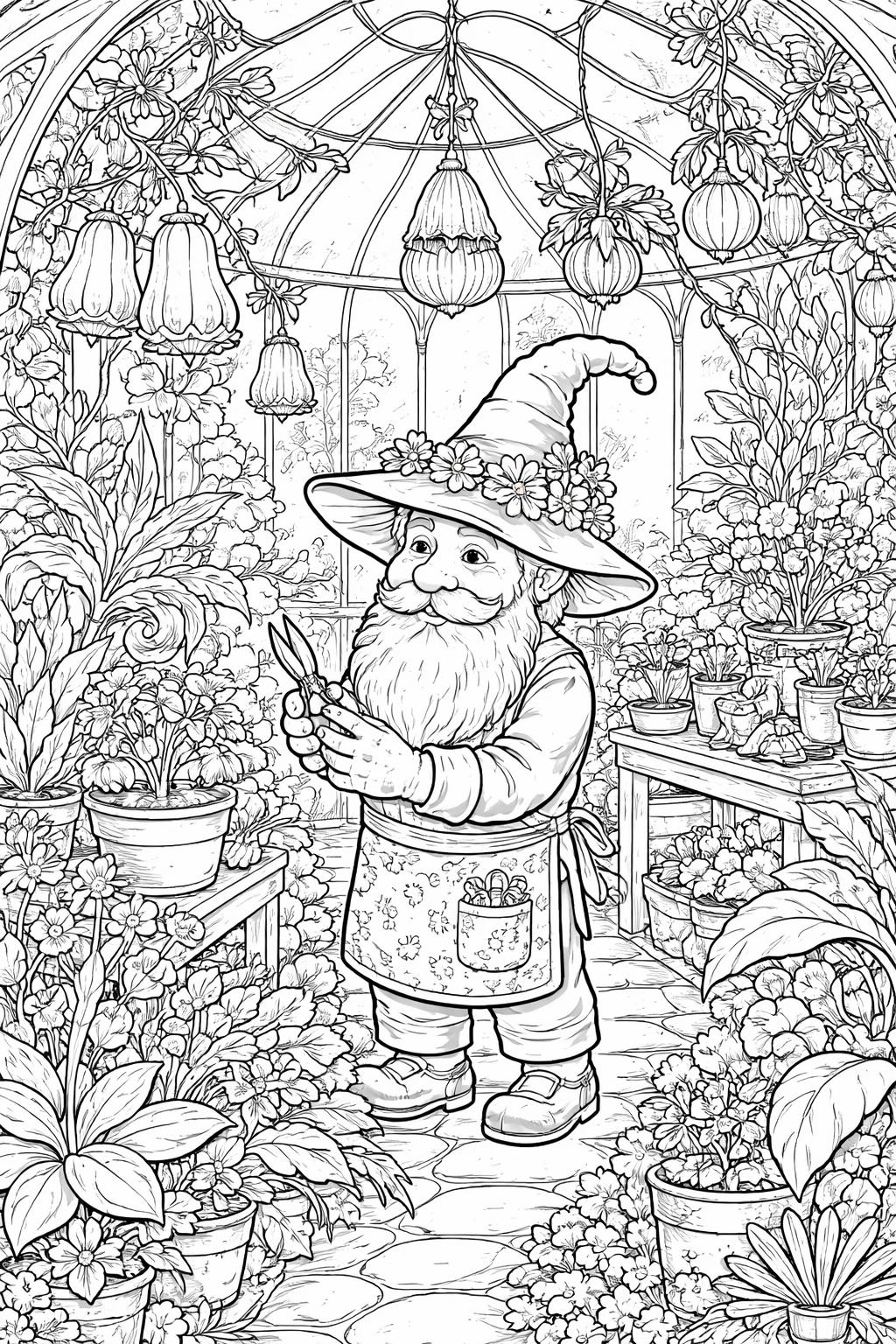 detailed gnome coloring page for adults | intricate beard and clothing patterns | relaxing coloring activity
